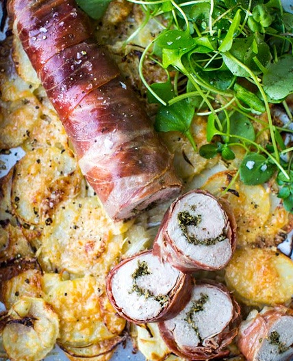 Cheat’s Porchetta Pork Loin, Parmesan Crusted Potatoes & Watercress Salad