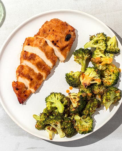 Teriyaki-Glazed Chicken with Roasted Broccoli in Peanut Sauce