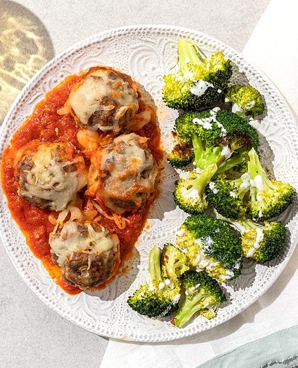 Sausage Pizza Meatballs with Roasted Broccoli & Buttermilk Ranch