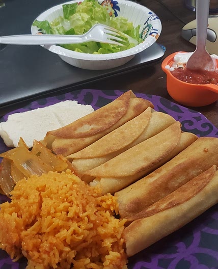 Potato taquitos & rice