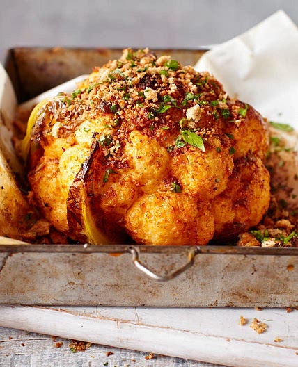 Baked Cauliflower with Mango Chutney, Charred Tomatoes and Rice