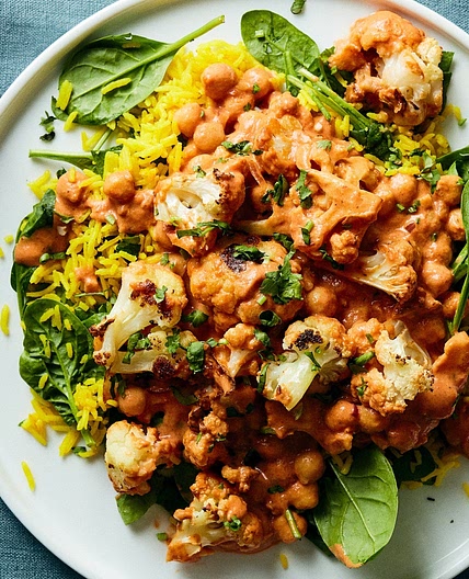 Cauliflower and Chickpea Tikka Masala over Spinach Rice