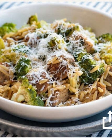 One-pan sausage, broccoli & orzo skillet