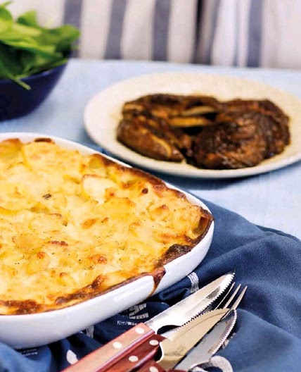 Potato and Jerusalem artichoke gratin with portobello steaks