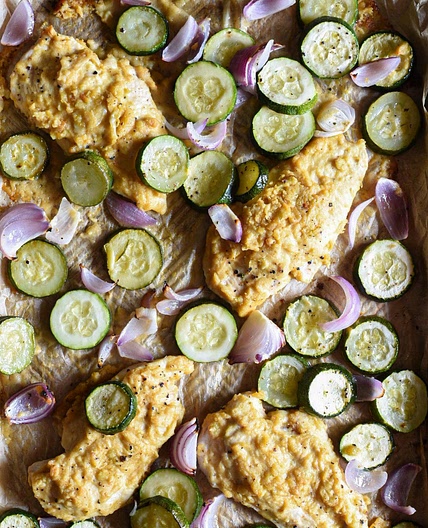 Sheet Pan Hummus Chicken and Veggies