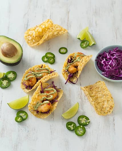 Prawn tacos with avocado lime sauce