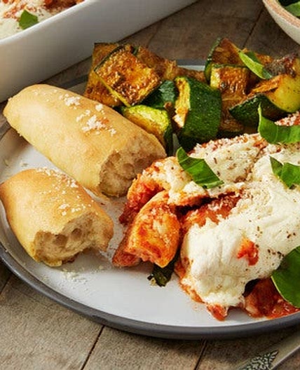 Chicken Parmesan with Summer Squash & Cheesy Garlic Breadsticks