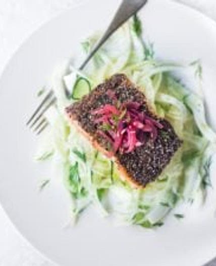 Pan Seared Salmon with Chia Seeds, Fennel Slaw and Pickled Onions