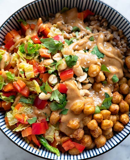 Simple Chickpea Farro Stir-Fry with Peanut Sauce