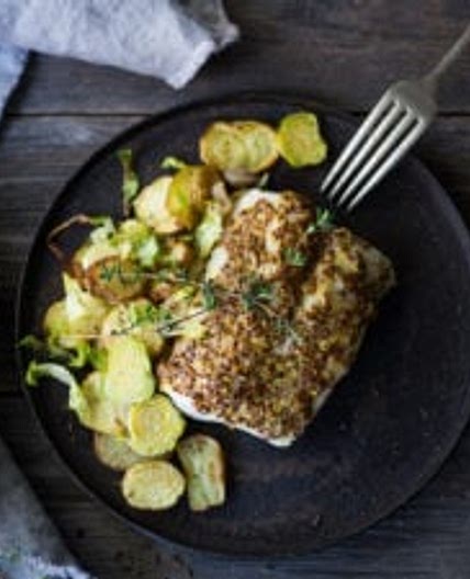 Roasted Mustard Seed White Fish with Potato-Brussel Sprout Hash