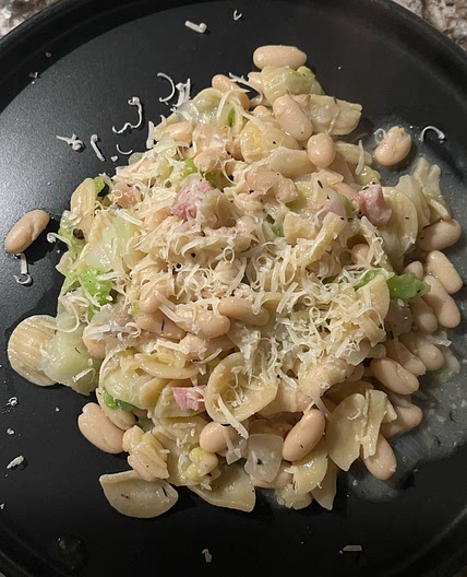 White Beans with Cabbage, Pasta, and Prosciutto