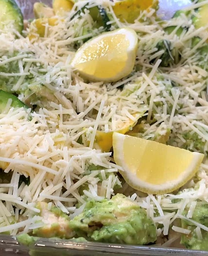 Chicken zucchini pasta with avocado pesto