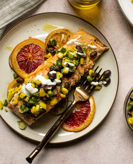 Citrus Roasted Salmon with Mango Bean Salsa & Lime Crema