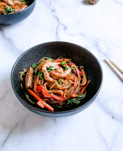 Japchae with Chicken (Korean glass noodle stir fry)