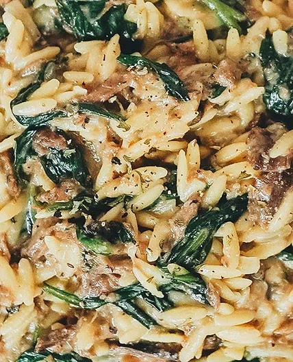 One Pan Vegan Orzo with Spinach and Braised Beef