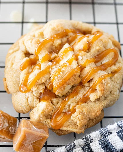 White Chocolate Macadamia Nut Cookies with Salted Caramel