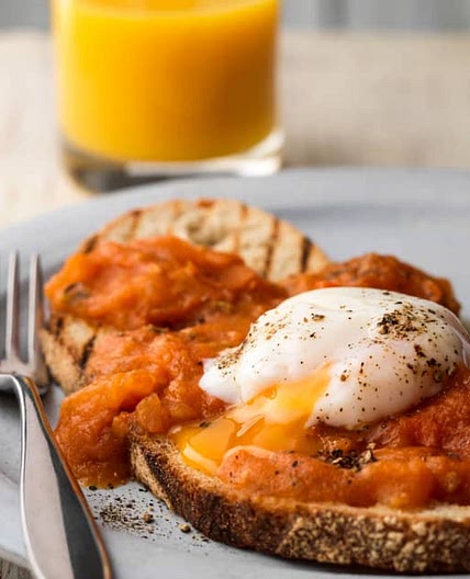 Smashed Plum Tomato Bruschetta with Poached Eggs