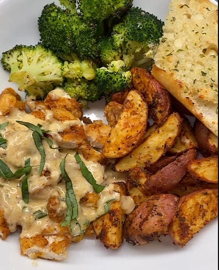 Creamy Chicken Basil w/ Roasted Potatoes and Broccoli