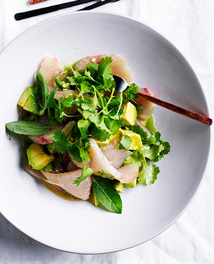 White fish crudo with avocado, herbs and cucumber-lime dressing