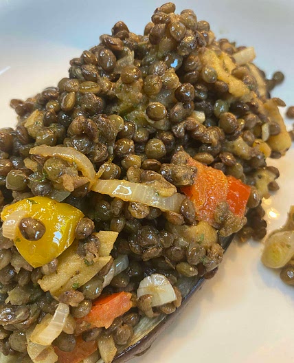 Puy lentil stuffed aubergine 