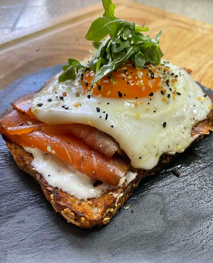Smoked Salmon Toast with Tzatziki Sauce and Fried Egg