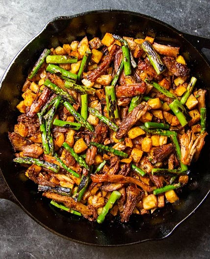 Crispy Pork Shoulder Hash With Charred Asparagus and Serrano Chile