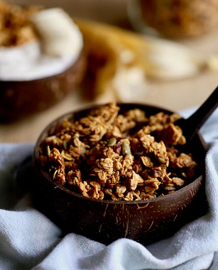 Homemade Granola Bowl with Black Sesame Milk, Tahini & Vanilla Butter
