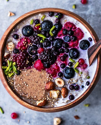 Warm Porridge Oats with White Sesame Milk, Mulberry Jam, Cashew Butter, Cinnamon & Orange