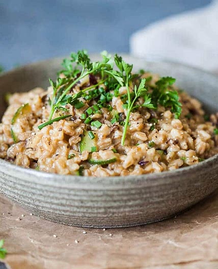 Farro Risotto with Roasted Pumpkin, Peas, Bell Pepper, Rocket & Cashew Parmesan