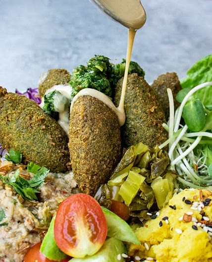 Chickpea Falafel Bowl: Baba Ganoush, Zhoug, Hummus & Buckwheat Tabbuleh
