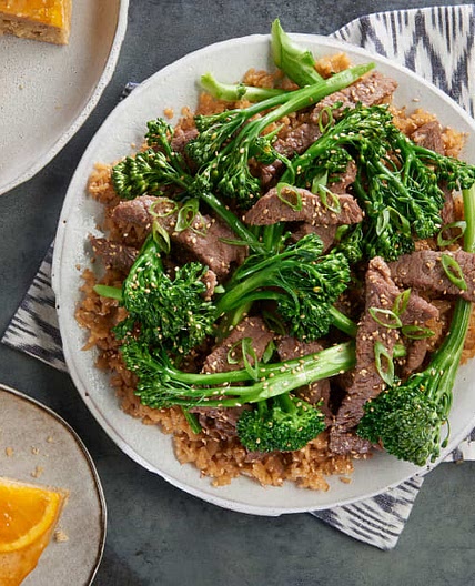 Mongolian Beef with Rice and Steamed Orange Cake