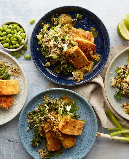 Crispy tofu katsu curry with edamame rice