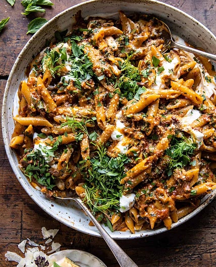 One Pot Sun-Dried Tomato Pasta with Whipped Ricotta