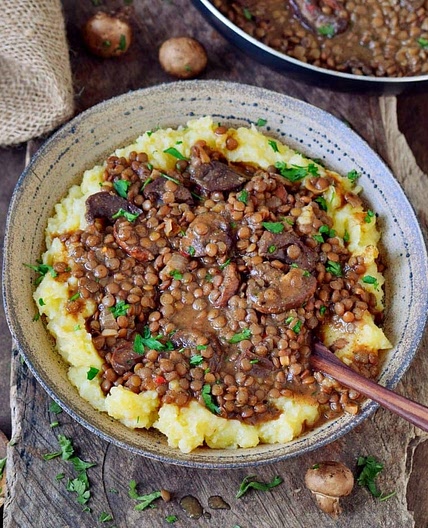 Brown Lentil Stew with Mashed Potatoes