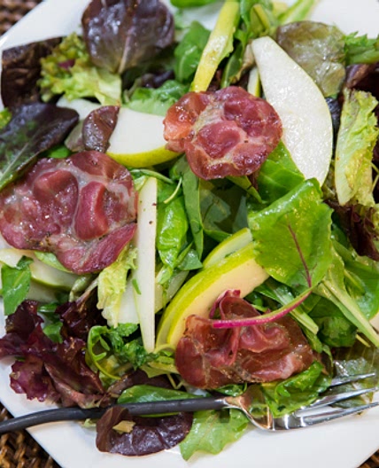 Greens, Pears, and Crispy Coppa Salad