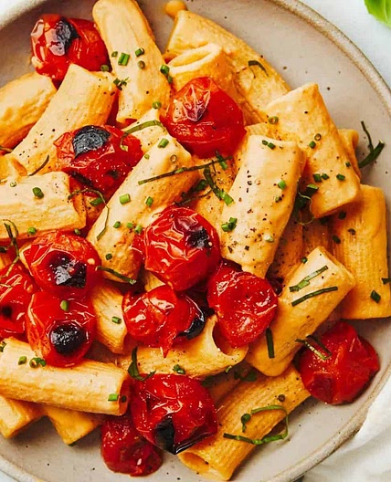 Creamy Red Pepper Pasta with Blistered Tomatoes
