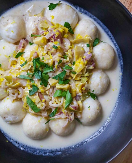 Ricotta Gnudi with Creamy Shallots and Artichokes 