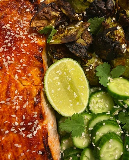 Gochujang Salmon With Pickled Cucumbers and Miso Sprouts
