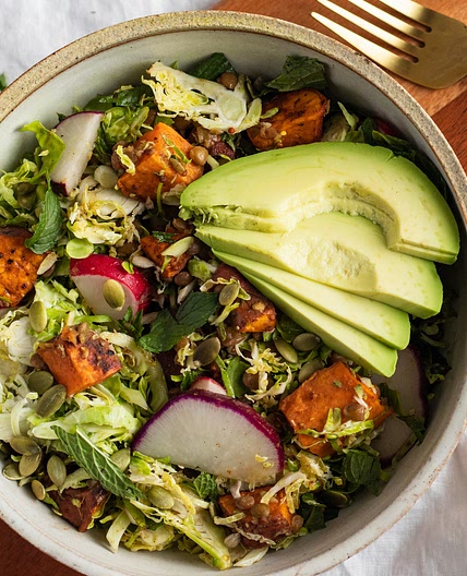 Vegan Fall Harvest Salad with Sweet Potatoes, Brussels Sprouts and Lentils