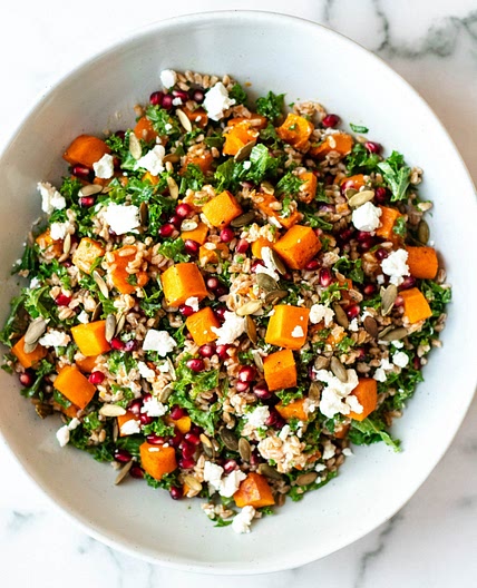 Fall Farro Salad with Butternut Squash, Kale, Pomegranate, and Goat Cheese