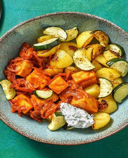 Korma-Curry mit Kofu auf Zucchini-Kartoffel-Gemüse mindestens -20% Kalorien im Vergleich zu den anderen Rezepten