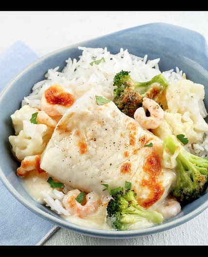 Gratin de poisson, crevettes et légumes