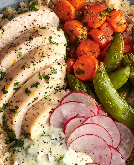 Herby Chicken Grain Bowls with Feta Dressing