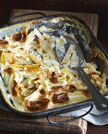 Swede, leek and potato gratin