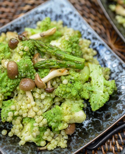 Romanesco Broccoli with Couscous, Mushrooms, and Asparagus