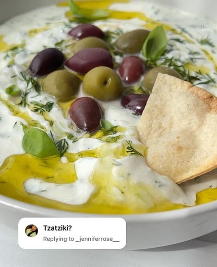 This is Tzatziki. Easiest version of all and a staple in my house. Tzatziki, also known as tarator or cacık, is a dip, soup, or sauce found in the cuisines of Southeast Europe and the Middle East. It is made of strained yogurt or diluted yogurt mixed with 