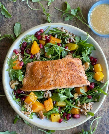 Pan-Seared Salmon Salad with Butternut Squash, Farro and Pomegranate