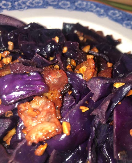 Red cabbage, nuts and bacon. 