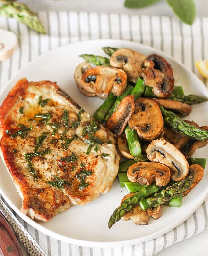 Pork Chops with Sage Butter, Roasted Mushrooms & Asparagus