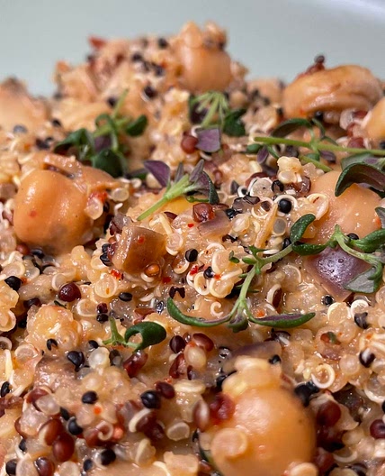 Quinoa-mushroom vegan bowl